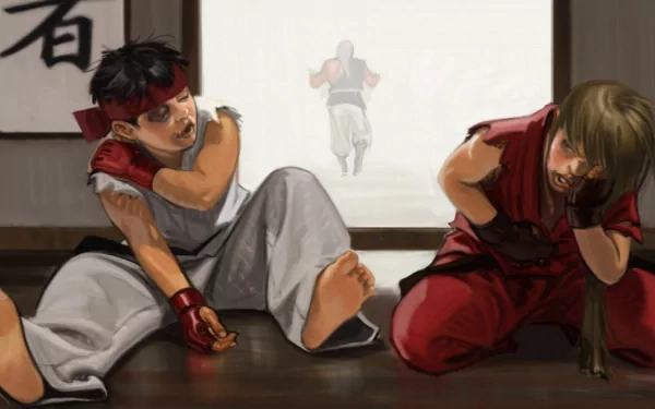 Anime Street Fighter HD PC desktop wallpaper: Ryu and Ken Masters sit bruised and exhausted on a dojo floor while a blurred figure exits through the doorway.