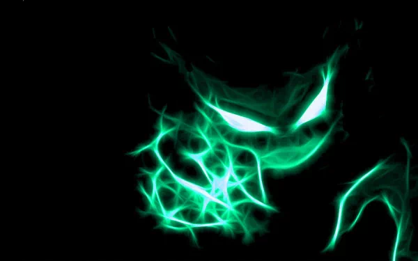 HD desktop wallpaper featuring Haunter from Pokémon anime, depicted with glowing green eyes and eerie, electric patterns against a dark background.