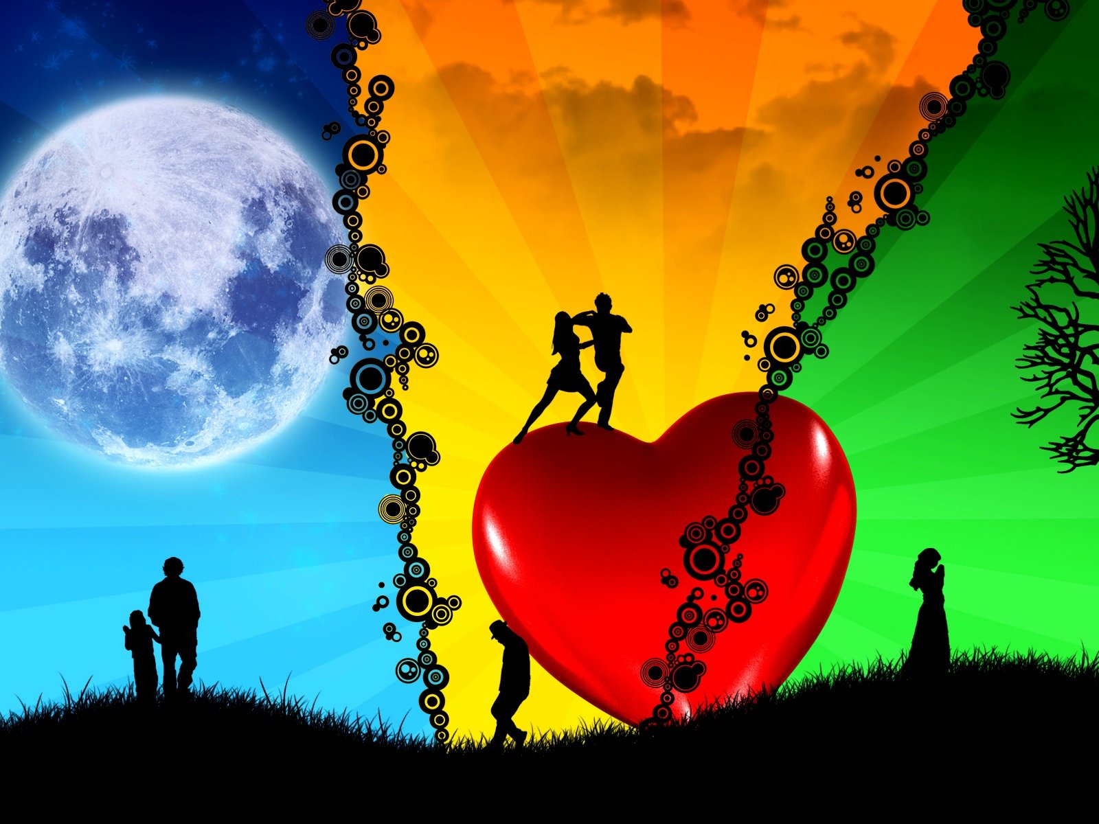 Vibrant HD desktop wallpaper depicting an artistic scene with a large heart, couples, and various silhouettes, symbolizing love. The background features contrasting shades of blue, orange, and green.