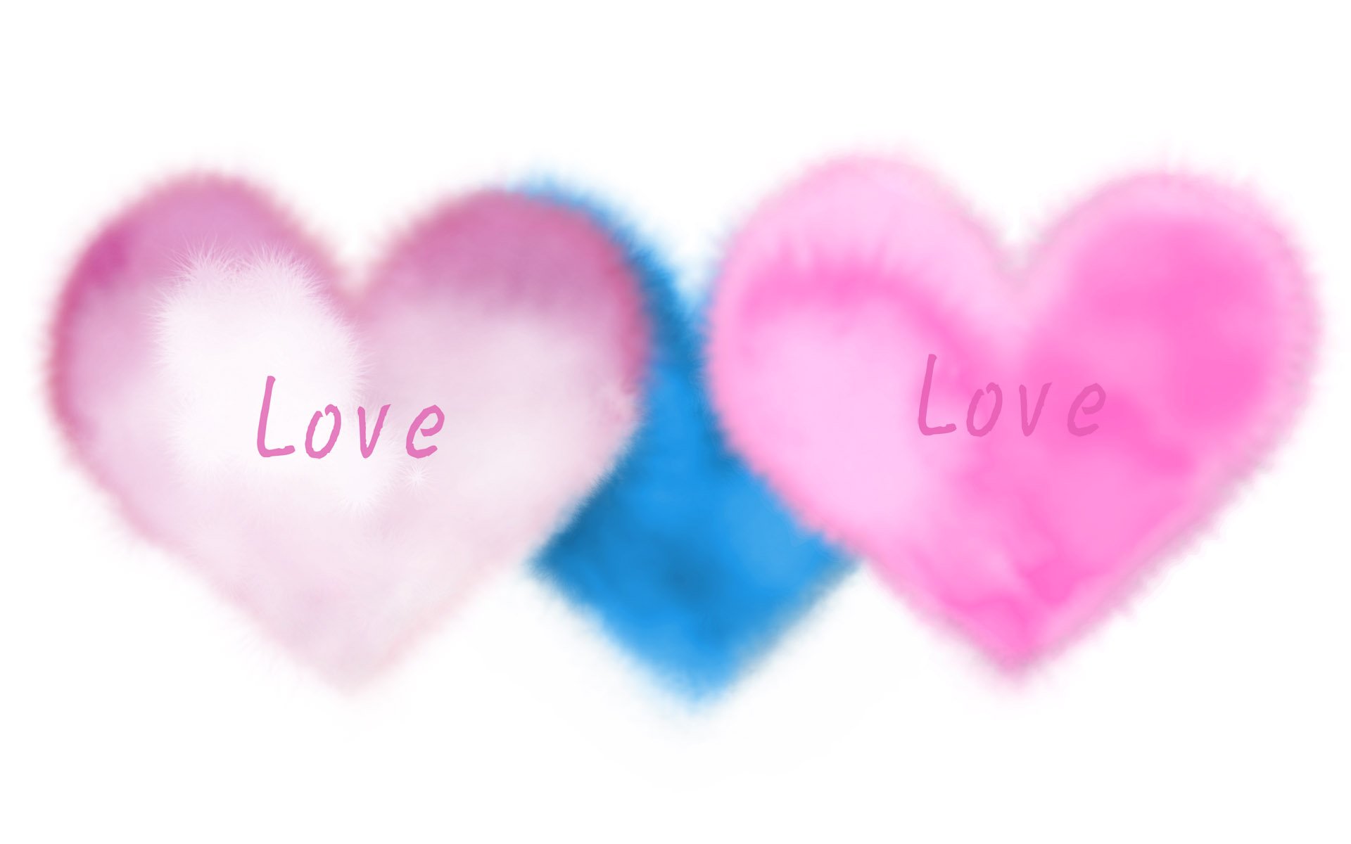 A soft watercolor design featuring three heart shapes in pink and blue, each inscribed with the word Love, creates an artistic and romantic backdrop for a HD wallpaper.
