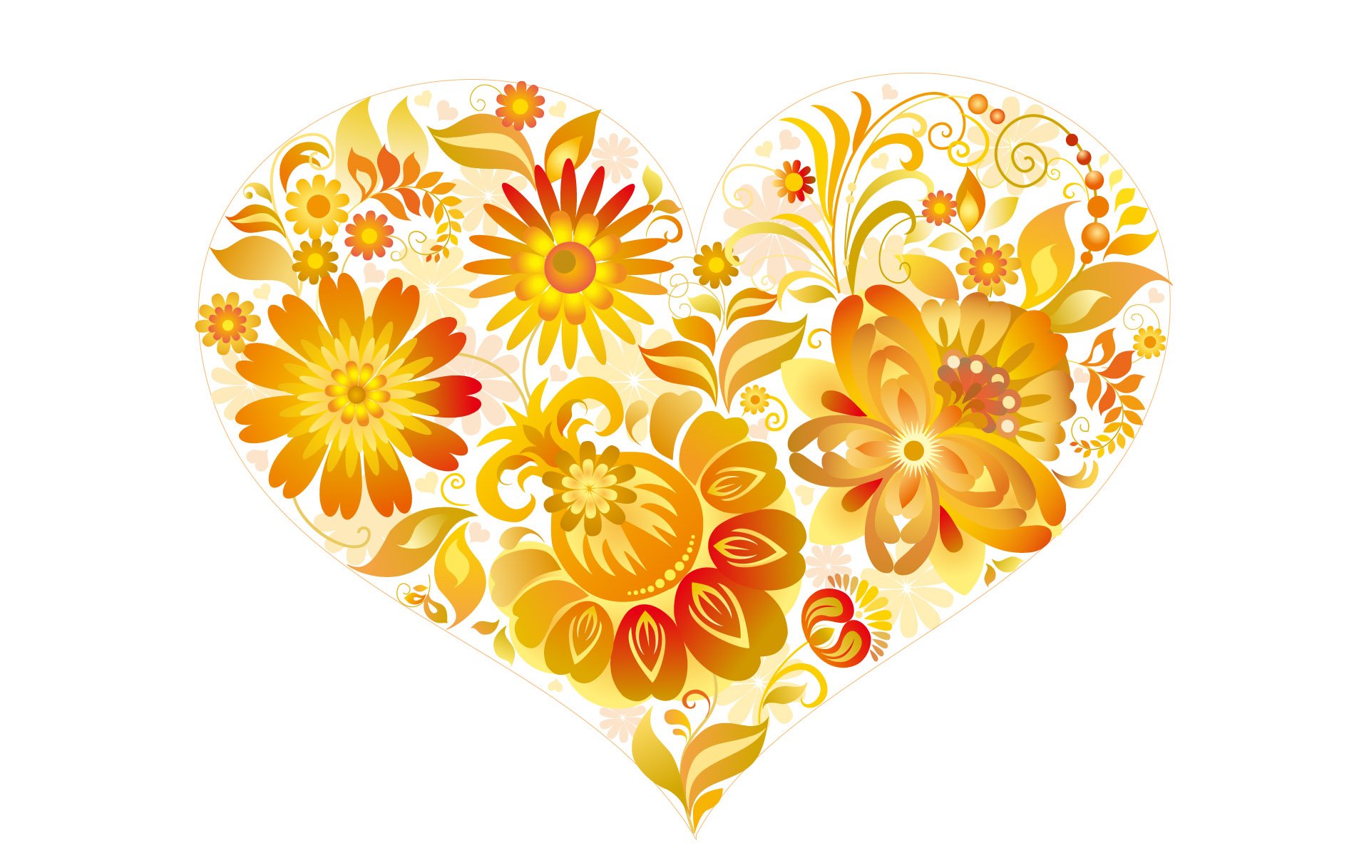 Artistic HD PC desktop wallpaper featuring a heart shape filled with vibrant yellow and orange floral patterns symbolizing love.