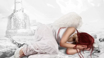 A fantasy-themed HD desktop wallpaper featuring an angel with white wings, lying on a white surface. The scene conveys a sense of tranquility and ethereal beauty.