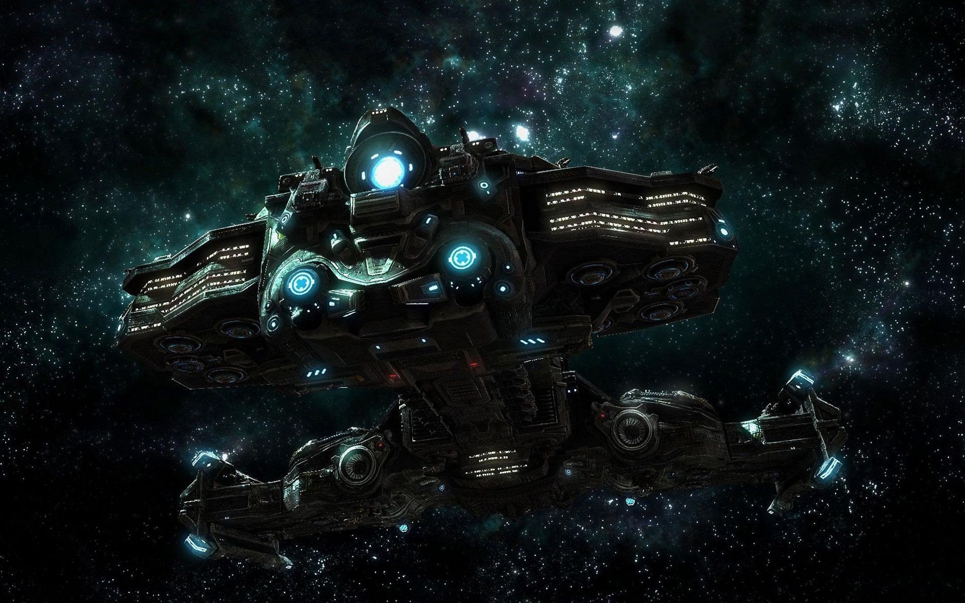 HD PC desktop wallpaper showcasing a detailed Starcraft spaceship set against a vast, star-filled cosmic background from the video game.