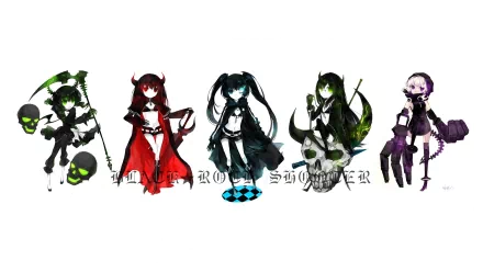 HD anime desktop wallpaper featuring Black Rock Shooter characters Strength, Black Gold Saw, and Dead Master with a clean white background.
