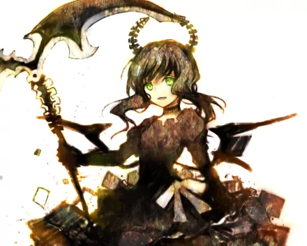 Dead Master (Black Rock Shooter) anime 2K Quad HD PC desktop wallpaper: horned girl in torn black dress grips a jagged scythe, glowing green eyes against a moody watercolor background.