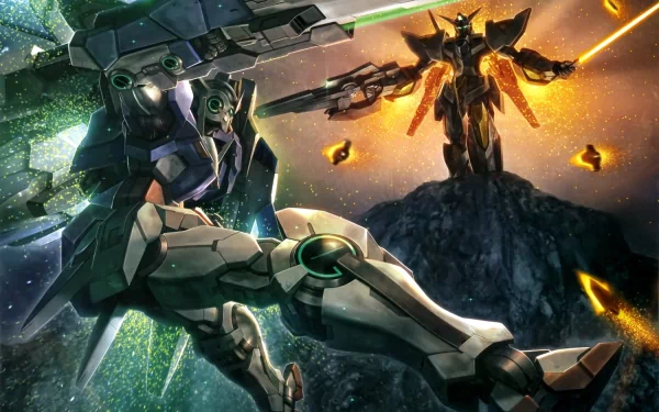 HD PC desktop wallpaper featuring dynamic anime-style Mobile Suit Gundam mechas in an intense battle scene with glowing energy effects and a dramatic rocky backdrop.