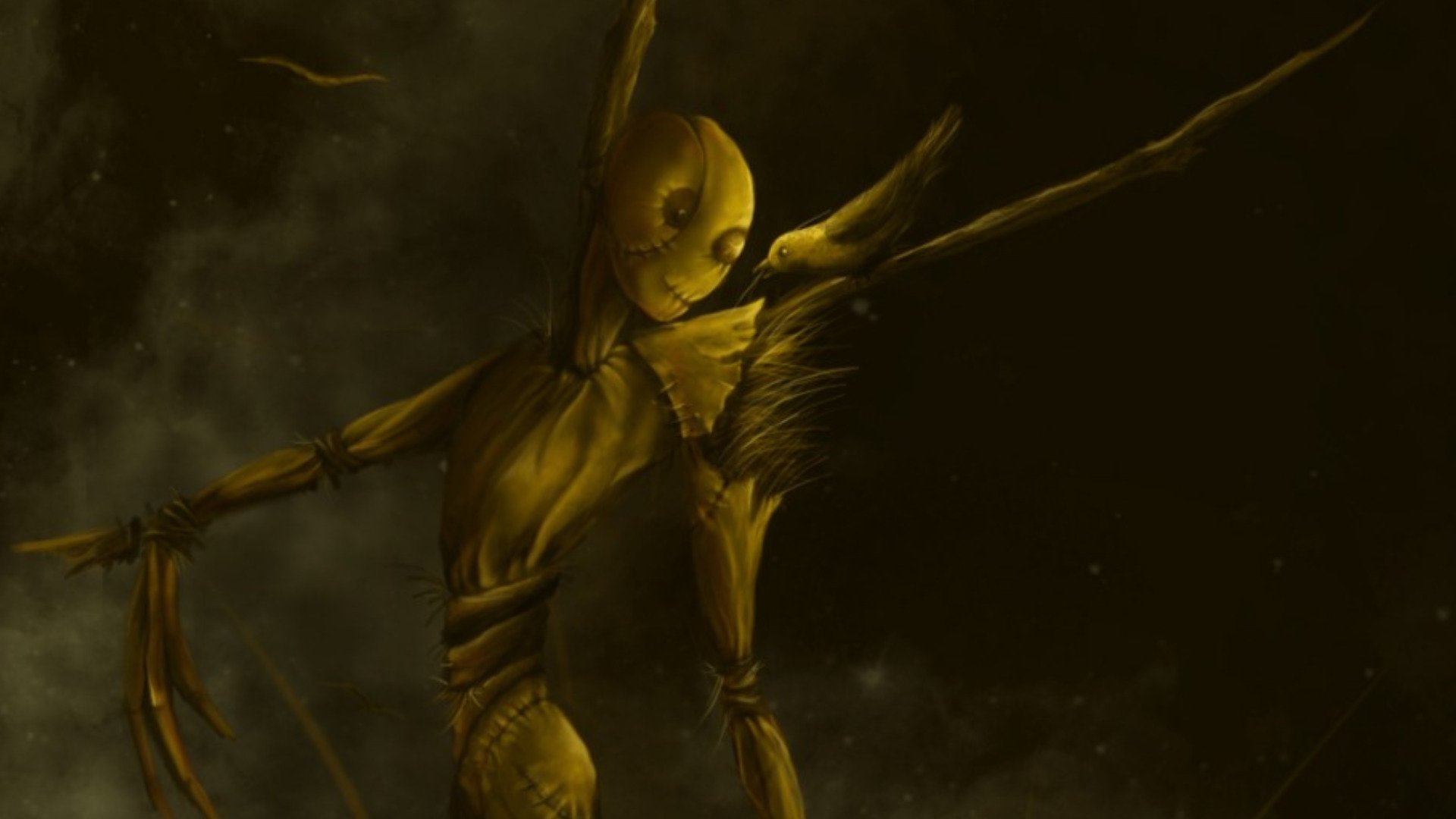Dark Fantasy HD PC desktop wallpaper/background: a spindly, carved-wood golem with hollow eyes and ragged limbs looming through smoky, shadowed night.
