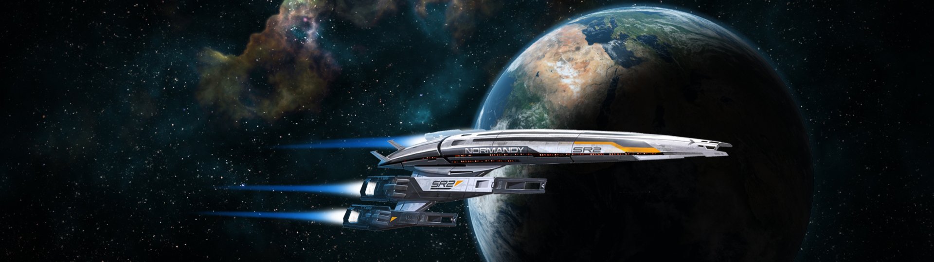 HD PC desktop wallpaper featuring the Normandy SR2 spaceship from the Mass Effect video game, set against a detailed space backdrop with a planet and stars.