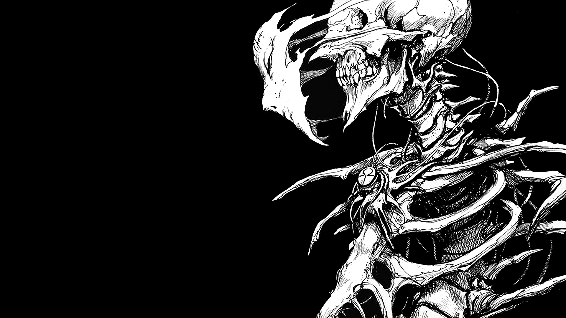 A striking HD wallpaper featuring an intricate skeletal figure inspired by Tsutomu Nihei's manga, Biomega, capturing a blend of anime aesthetics and dark themes.