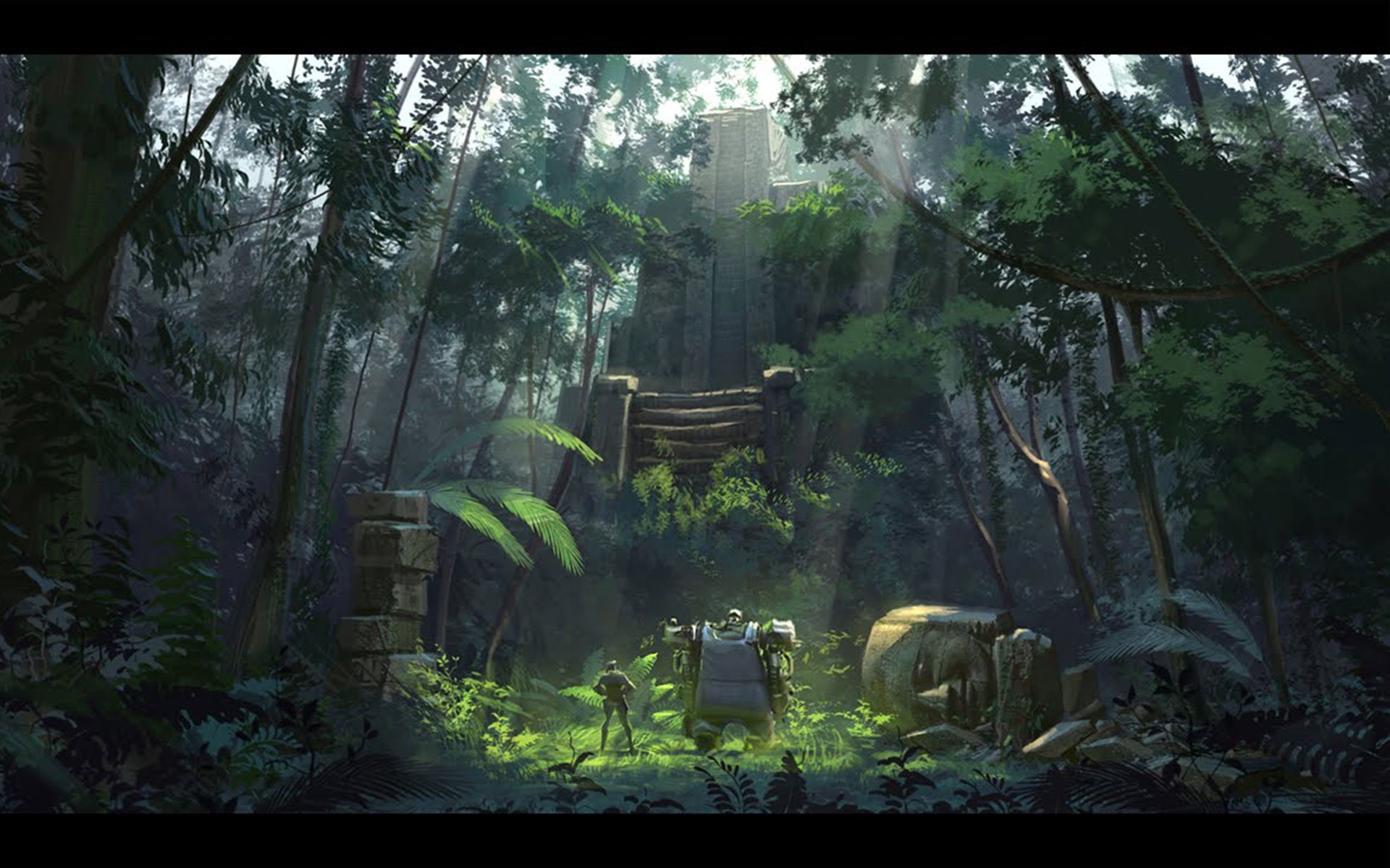 HD sci-fi landscape wallpaper depicting a dense, mysterious forest with ancient ruins bathed in soft, atmospheric light filtering through towering trees.