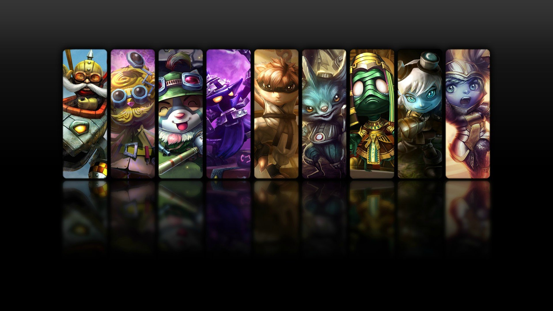 A vibrant HD wallpaper featuring League of Legends champions: Rumble, Corki, Kennen, Poppy, Veigar, Tristana, Teemo, Amumu, and Heimerdinger, showcasing their unique designs.