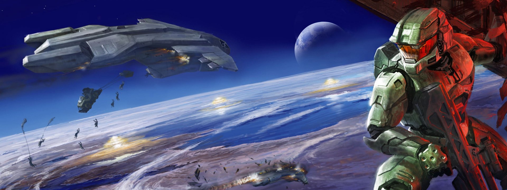 HD PC desktop wallpaper featuring a dynamic scene from the video game Halo, with armored characters and spacecraft over a planetary landscape.