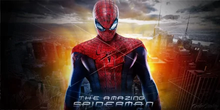 A dynamic HD wallpaper featuring Spider-Man amidst a vibrant cityscape, with striking colors and the title The Amazing Spider-Man prominently displayed.