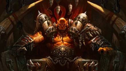 A powerful character from World of Warcraft sits on a throne, embodying strength and ferocity. This high-definition image serves as a striking desktop wallpaper.