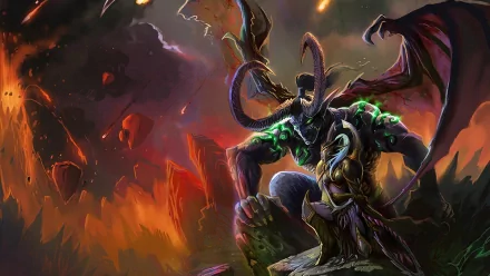 Illidan Stormrage stands powerfully in this HD wallpaper from World of Warcraft, featuring a dramatic backdrop of chaos and vibrant colors. A striking depiction of this iconic character.