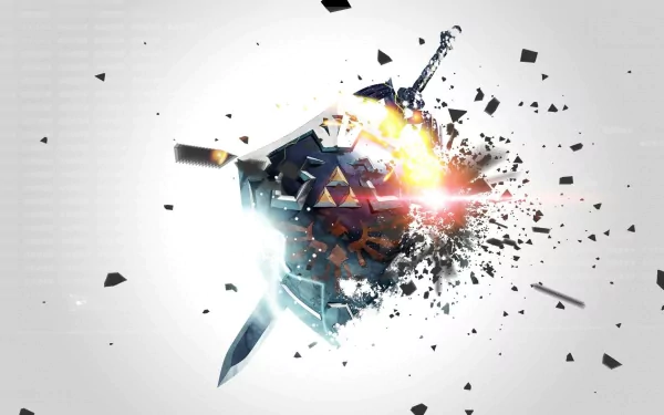 A dynamic HD desktop wallpaper featuring iconic elements from The Legend of Zelda, showcasing a shield and sword amidst an explosion of light and debris.