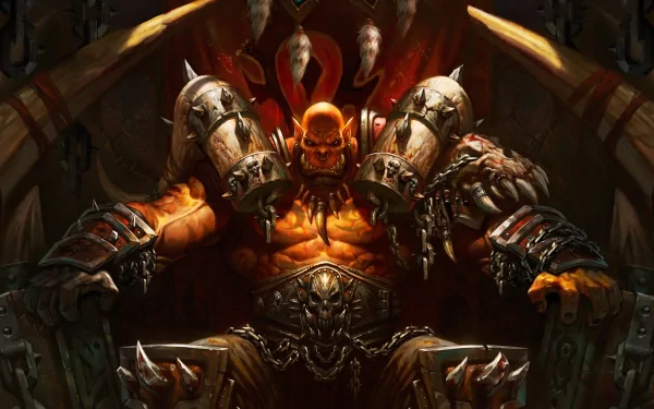 A powerful character from World of Warcraft sits on a throne, embodying strength and ferocity. This high-definition image serves as a striking desktop wallpaper.