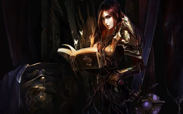A dramatic World of Warcraft HD desktop wallpaper featuring a female character in ornate armor, holding an open spellbook with ethereal light, set against a dark, mystical background.