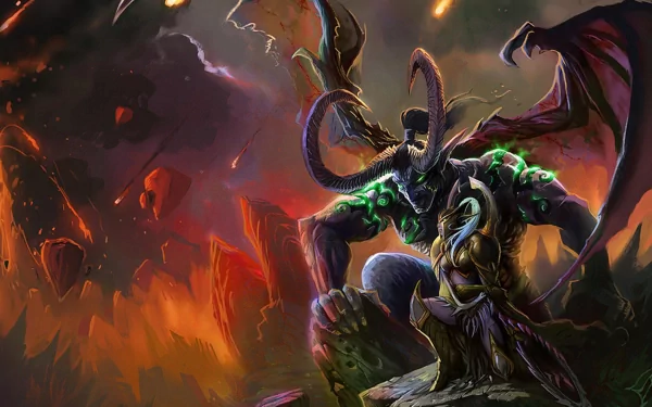 Illidan Stormrage stands powerfully in this HD wallpaper from World of Warcraft, featuring a dramatic backdrop of chaos and vibrant colors. A striking depiction of this iconic character.