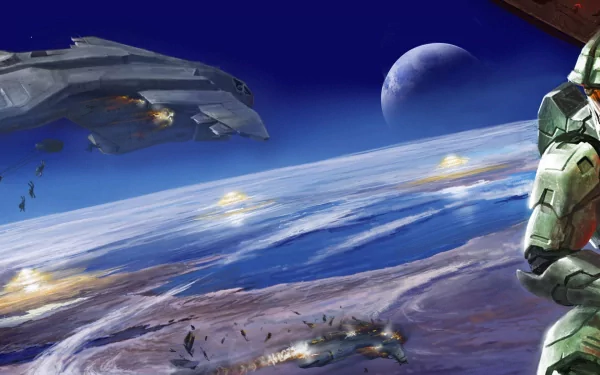 HD PC desktop wallpaper featuring a dynamic scene from the video game Halo, with armored characters and spacecraft over a planetary landscape.