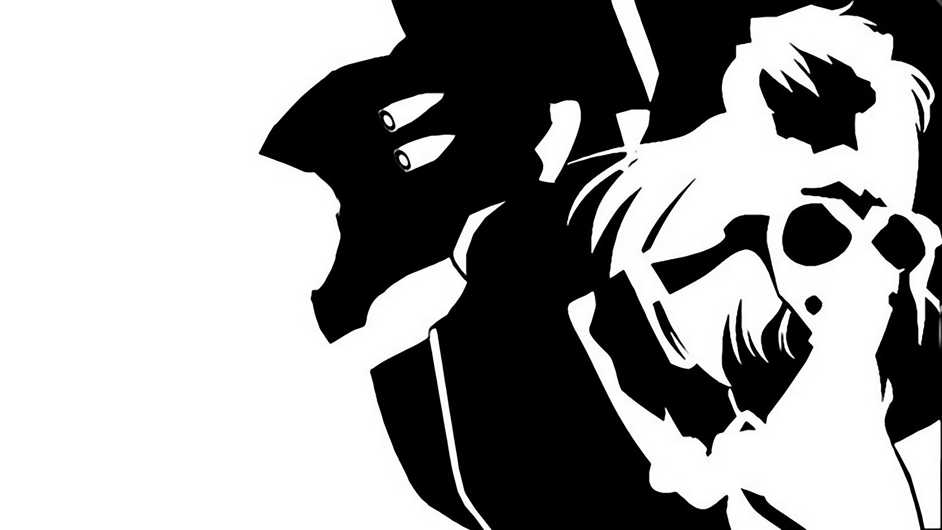 Black and white HD PC desktop wallpaper featuring a stylized silhouette from the anime Neon Genesis Evangelion.