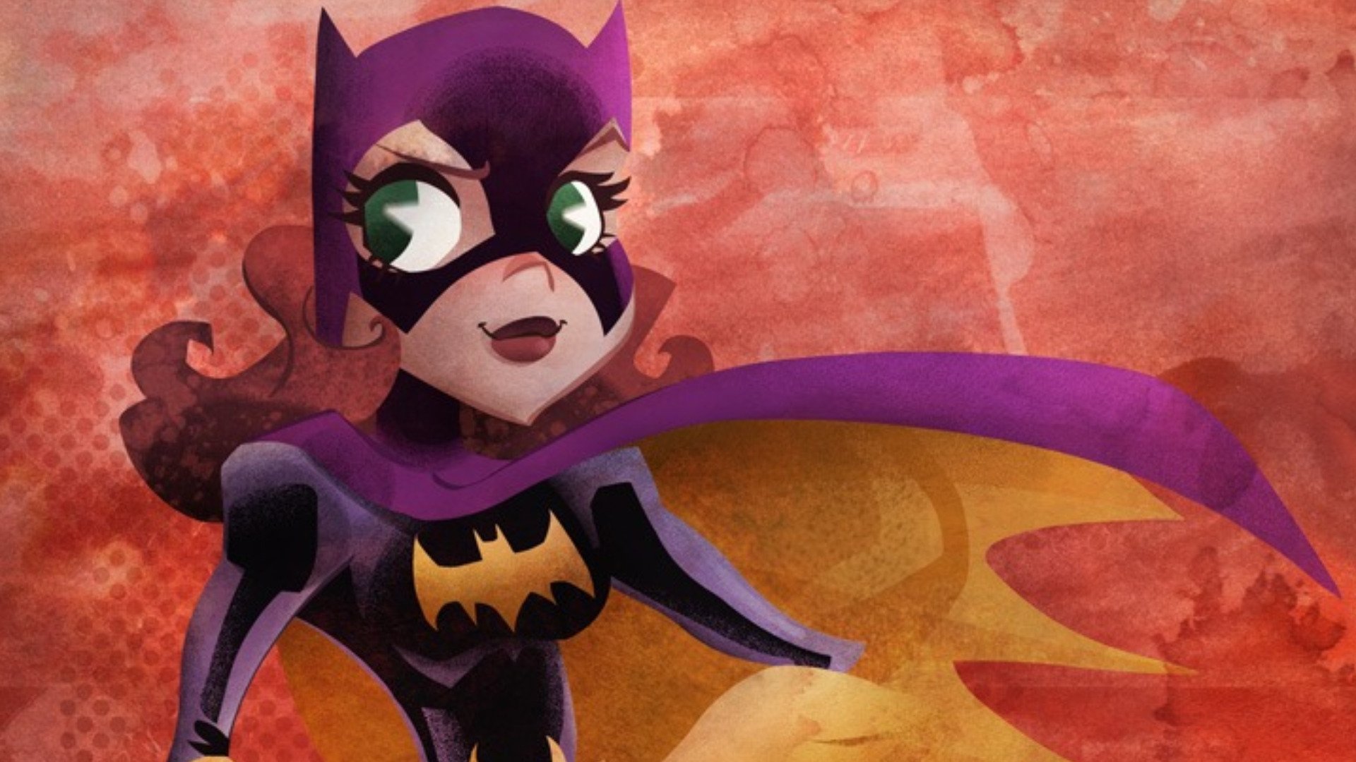 HD comic-style desktop wallpaper featuring Batgirl in her iconic purple costume with a flowing cape against a textured red and orange background.