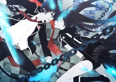 HD anime desktop wallpaper featuring a dynamic crossover of Blue Exorcist and Black Rock Shooter characters with striking blue eyes and vivid action elements.