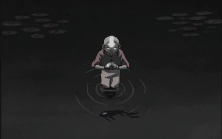HD PC desktop wallpaper from the anime Avatar: The Last Airbender, depicting a character standing in dark water with a reflection beneath them.