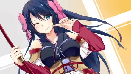 Anime artwork featuring a character from Oda Nobuna No Yabou, depicted winking playfully with long dark hair and a pink bow, set against a bright, colorful background.