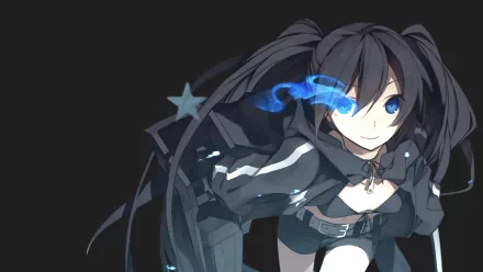 An HD desktop wallpaper featuring Black Rock Shooter, showcasing a dynamic character with black hair and striking blue effects against a dark background.