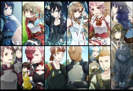 HD desktop wallpaper featuring characters from Sword Art Online, including Kirito, Asuna Yuuki, Klein, Lisbeth, Silica, Sachi, Pina, Kibaou, Yoruko, Rosalia, Diavel, Argo, and Agil, in a vibrant, anime-style collage.