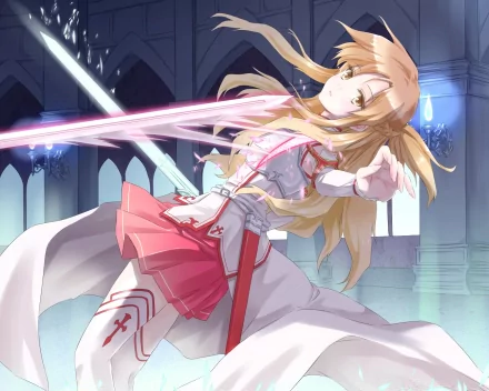 HD desktop wallpaper of Asuna Yuuki from Sword Art Online, wielding a sword with a determined expression, set against an intricate background. This anime image captures Asuna’s dynamic action and elegance.