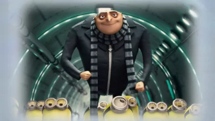 Gru from Despicable Me stands in a lit tunnel above a row of minions — HD PC desktop movie wallpaper/background.
