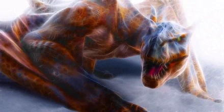 Fantasy dragon with glowing, fractal-like veins and bared fangs over a snowy ground — 2K Quad HD PC desktop wallpaper/background.