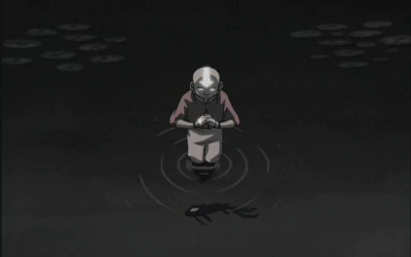 HD PC desktop wallpaper from the anime Avatar: The Last Airbender, depicting a character standing in dark water with a reflection beneath them.