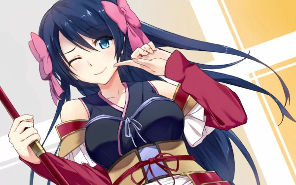 Anime artwork featuring a character from Oda Nobuna No Yabou, depicted winking playfully with long dark hair and a pink bow, set against a bright, colorful background.