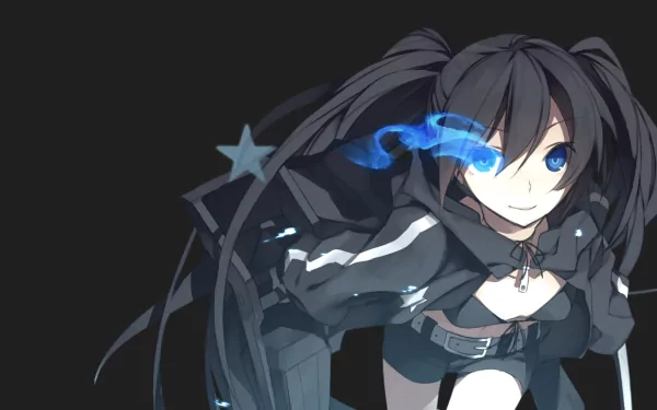 An HD desktop wallpaper featuring Black Rock Shooter, showcasing a dynamic character with black hair and striking blue effects against a dark background.