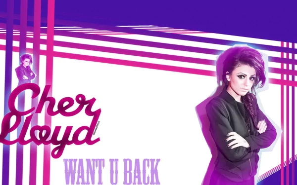 HD desktop wallpaper featuring Cher Lloyd with vibrant purple and pink stripes, showcasing her single Want U Back. A colorful tribute to her music style.