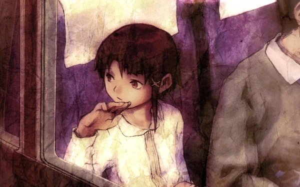 HD anime wallpaper featuring a contemplative scene from Serial Experiments Lain, showcasing the main character in soft, muted tones inside a vehicle.