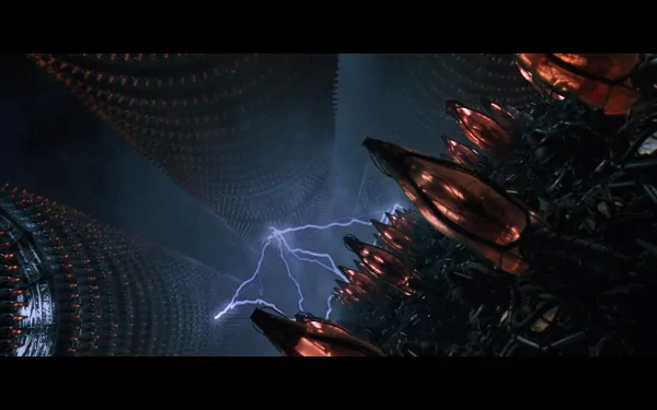 A dramatic scene from The Matrix, featuring towering structures amid a dark, electrifying atmosphere, captured as a high-definition PC desktop wallpaper.