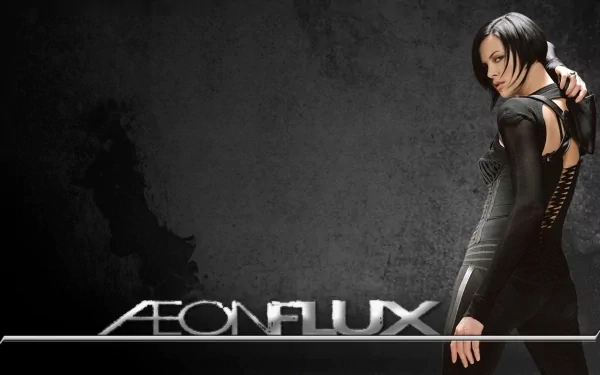 HD desktop wallpaper featuring Charlize Theron as Aeon Flux, posed against a dark textured background with the movie title displayed prominently.