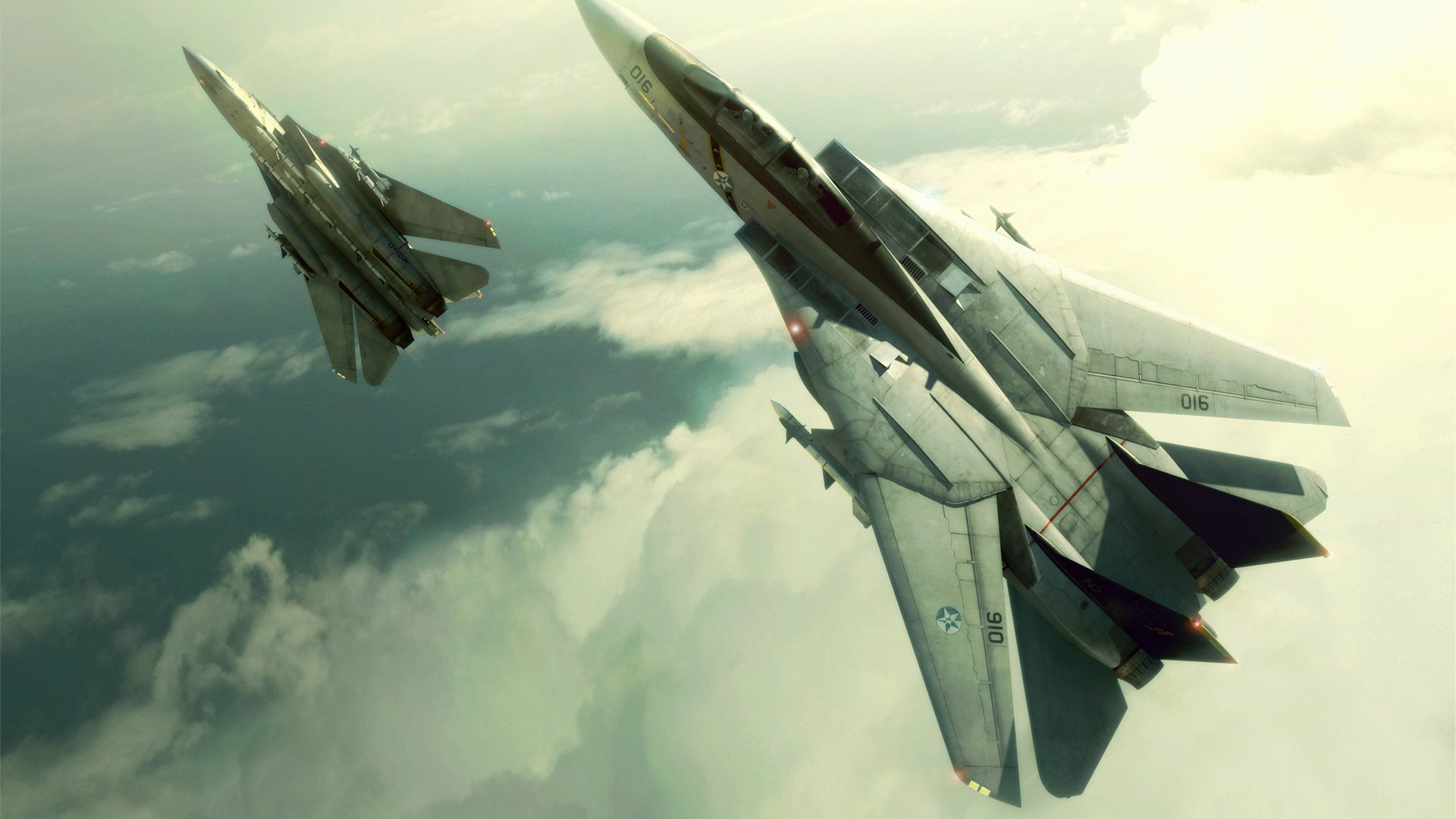HD PC desktop wallpaper featuring two fighter jets soaring above clouds, inspired by the Ace Combat video game series.
