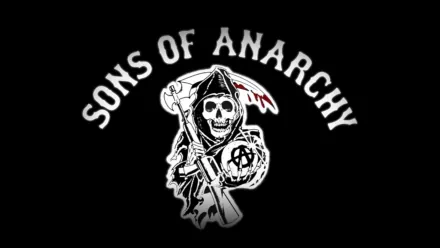HD desktop wallpaper featuring the iconic Sons of Anarchy logo, depicting a grim reaper with a scythe and an anarchy symbol, set against a dark background.