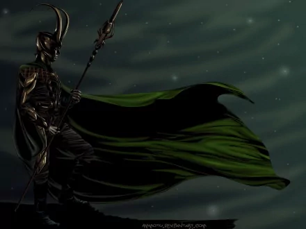 HD PC desktop wallpaper featuring Loki from Marvel Comics, depicted as a dark fantasy god with a flowing green cape against a moody, starry background.