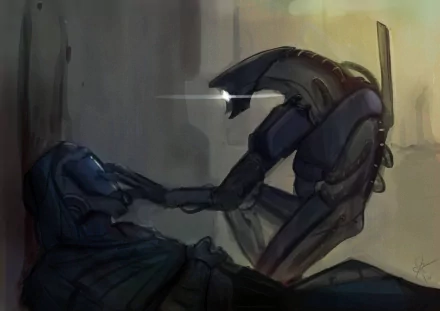 HD Mass Effect desktop wallpaper featuring a dramatic encounter between a Quarian and a Geth, capturing the game's iconic sci-fi atmosphere.