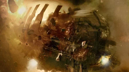 HD PC desktop wallpaper of the USG Ishimura from the Dead Space video game: a damaged, fiery mining ship drifting amid debris and an ominous, smoky glow.