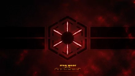 HD background featuring a striking Sith symbol from Star Wars: The Old Republic, set against a dark, dramatic backdrop that embodies the game's immersive universe.