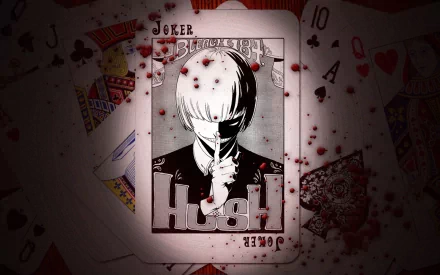 HD PC desktop wallpaper featuring Shinji Hirako from Bleach depicted as a Joker playing card with dark, dramatic tones and blood splatters.