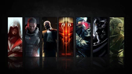 HD PC desktop wallpaper and background showing a video game collage of seven vertical character panels with dramatic lighting and a dark reflective backdrop.