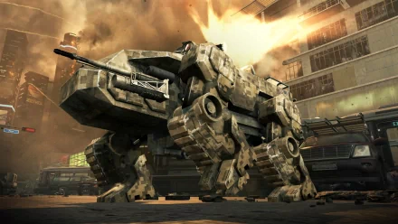 A dramatic scene from Call of Duty: Black Ops II features a heavily armored mech emerging amidst explosions, set against a backdrop of urban destruction in this HD PC desktop wallpaper.